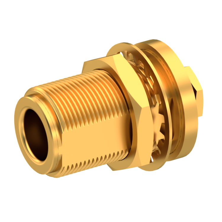 N / STRAIGHT JACK FEMALE CLAMP TYPE FOR 2.6/50 D CABLE GOLD REAR MOUNT|PANEL SEALED
