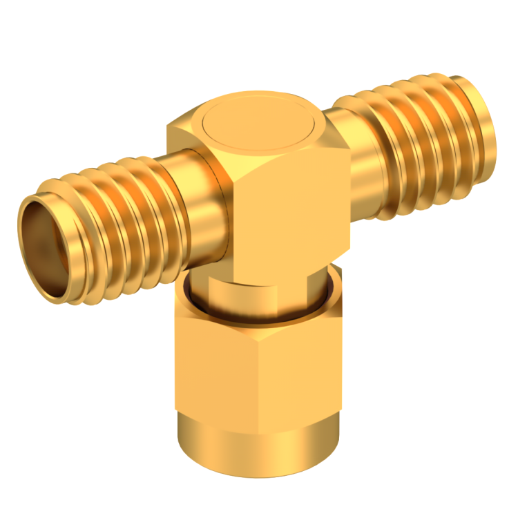 SMA / SMA / SMA TEE JACK/PLUG/JACK FEMALE/MALE/FEMALE GOLD