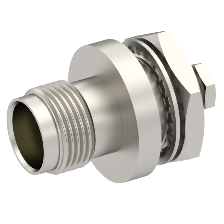 TNC / STRAIGHT JACK FEMALE CLAMP TYPE FOR 2.6/50 D CABLE NICKEL FRONT MOUNT|PANEL SEALED