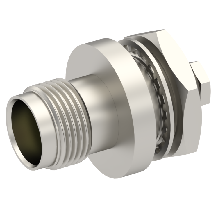 TNC / STRAIGHT JACK FEMALE CLAMP TYPE FOR 2/50 S CABLE NICKEL PANEL SEALED|WATERPROOF
