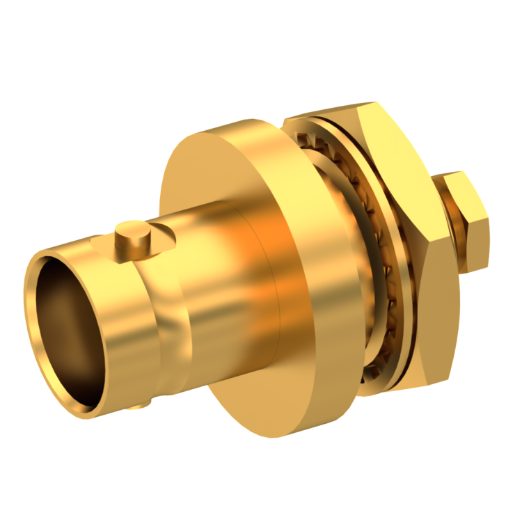 BNC / STRAIGHT JACK FEMALE CLAMP TYPE FOR 2.6/50 S CABLE GOLD FRONT MOUNT|PANEL SEALED