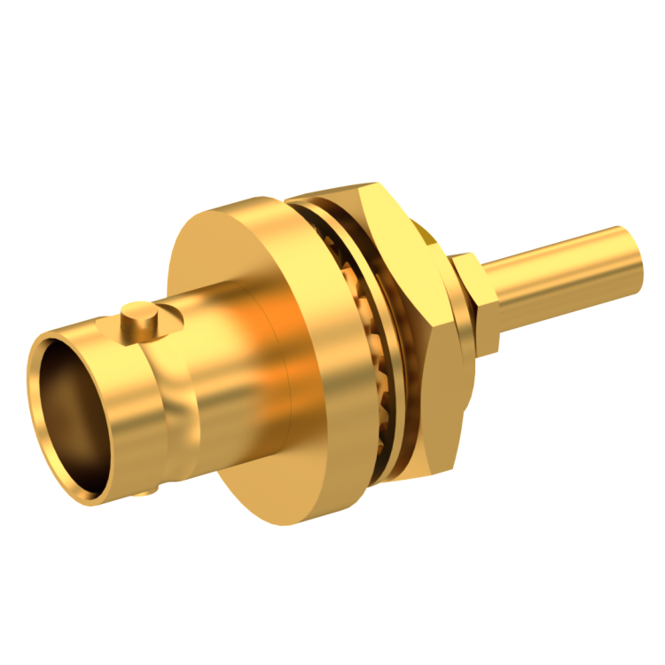 BNC / STRAIGHT JACK FEMALE CRIMP TYPE FOR 2.6/50 D CABLE GOLD FRONT MOUNT|PANEL SEALED BNC / STRAIGHT JACK FEMALE CRIMP TYPE FOR 2.6/50 D CABLE GOLD FRONT MOUNT|PANEL SEALED