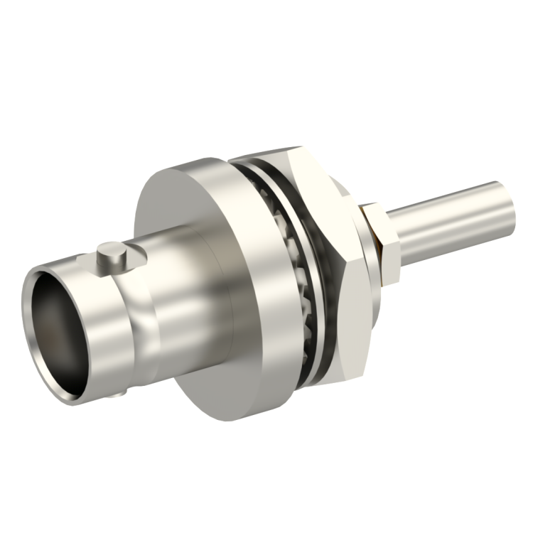BNC / STRAIGHT JACK FEMALE CRIMP TYPE FOR 2.6/50 D CABLE NICKEL FRONT MOUNT|PANEL SEALED