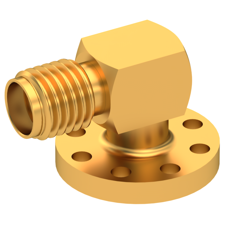 SMA / RIGHT ANGLE JACK RECEPTACLE FEMALE GOLD NON-CAPTIVE REAR CONTACT|STANDARD FLANGE