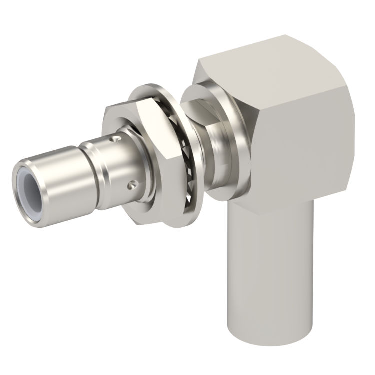 SMB / RIGHT ANGLE BULKHEAD JACK FRONT MOUNT CRIMP TYPE - CABLE 2.6/50 D