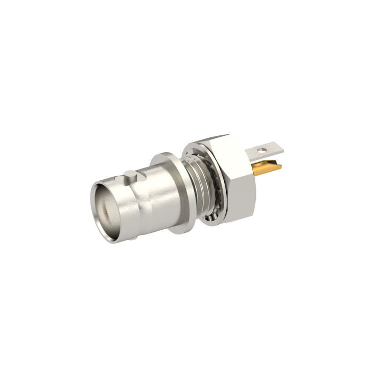 BNC / INSULATED BULKHEAD JACK RECEPTACLE FR. MOUNT. WITH SOLDER POT CONTACT + TAG