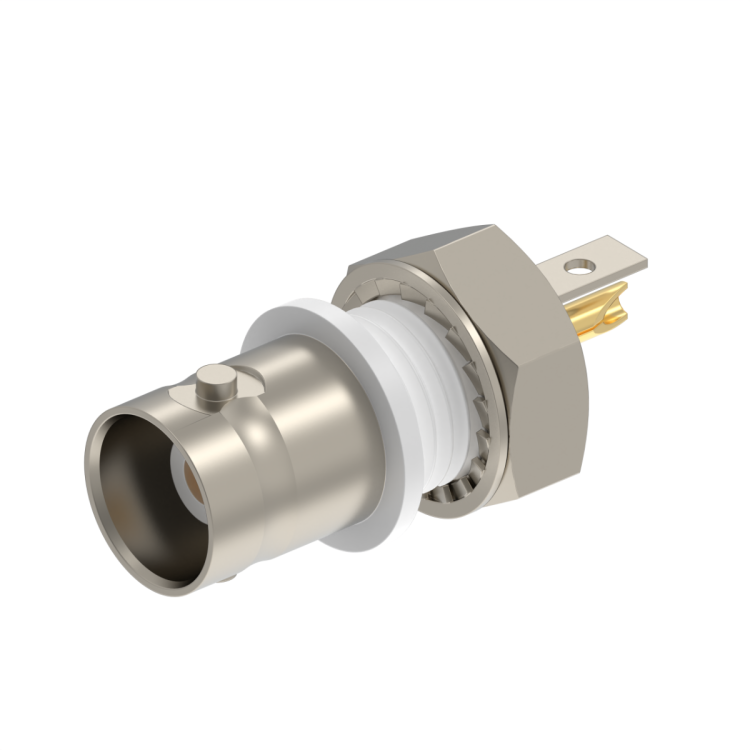 BNC / INSULATED BULKHEAD JACK RECEPTACLE FR. MOUNT. WITH SOLD. POT CONT.+TAG-P100