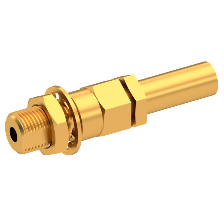 CABLE TERMINATION STRAIGHT  CRIMP TYPE FOR 2.6/50 S CABLE GOLD FEEDS CABLE DIELECTRIC & CENTER CONDUCTOR THROUGH BULKHEAD